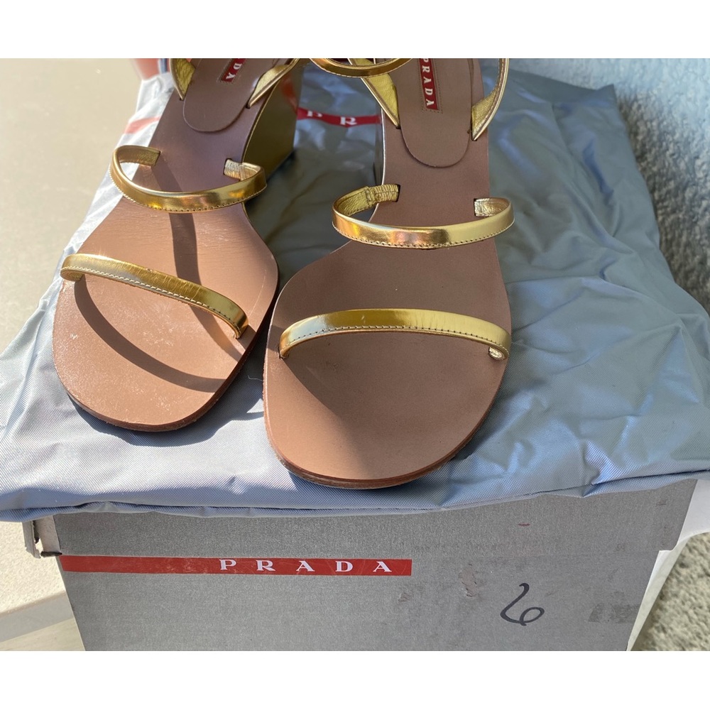 Worn once Size 6 PRADA Leather Strappy Gold Wedge Sandal w/ dustbag and box.